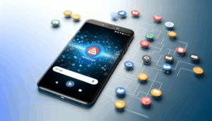 alt_text: A modern smartphone shows the Ambgogo app, framed by social media icons and tech-inspired designs.