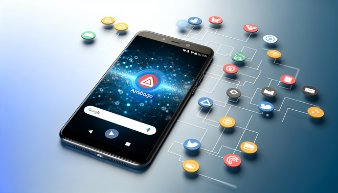 alt_text: A modern smartphone shows the Ambgogo app, framed by social media icons and tech-inspired designs.